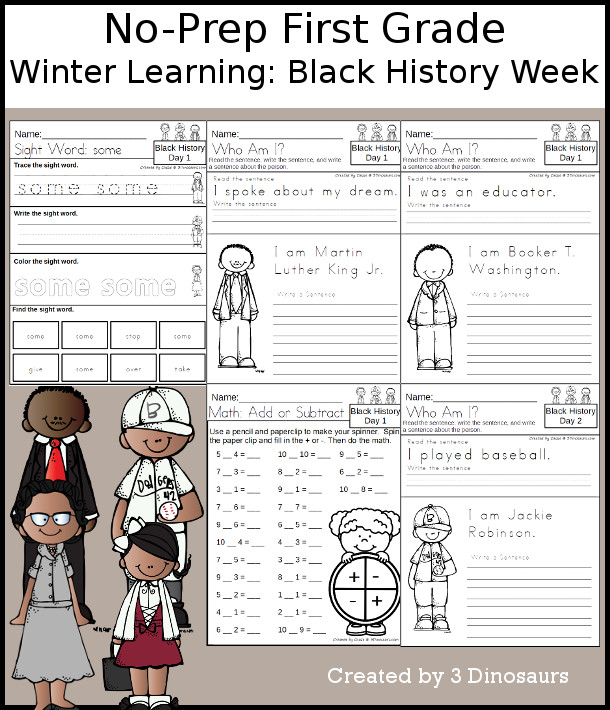 No-Prep Black History Weekly Packs for First Grade with 5 days of activities to do to learn with a spring Black History theme. - 3Dinosaurs.com
