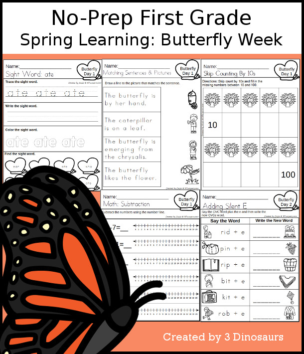 No-Prep Butterfly Themed Weekly Packs for First Grade with 5 days of activities to do to learn with a spring Butterfly theme. - 3Dinosaurs.com