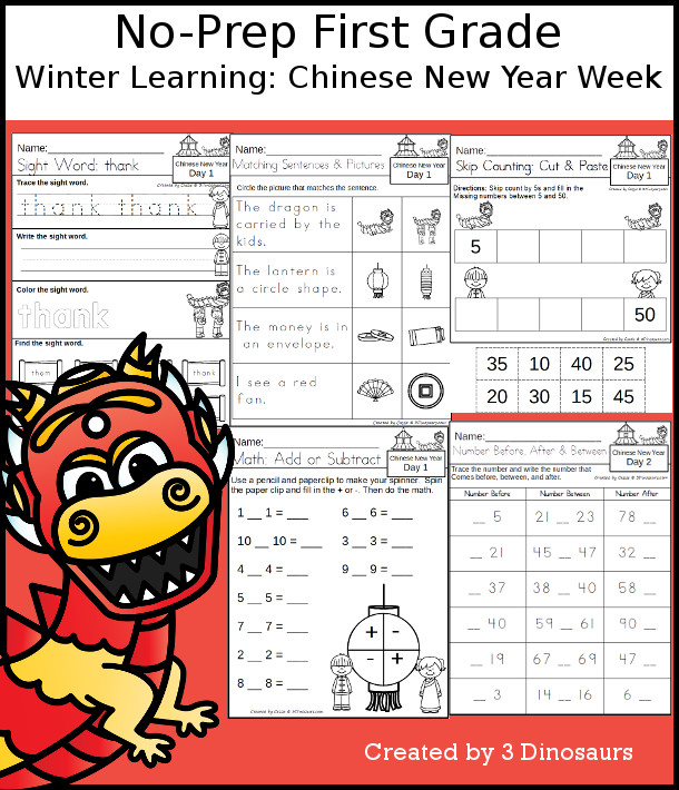 No-Prep Chinese New Year Themed Weekly Packs for First Grade with 5 days of activities to do to learn with a winter Chinese New Year theme. - 3Dinosaurs.com