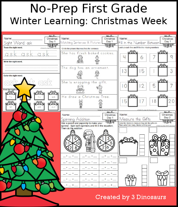 No-Prep Christmas Themed Weekly Packs for First Grade with 5 days of activities to do to learn with a winter Christmas theme. - 3Dinosaurs.com