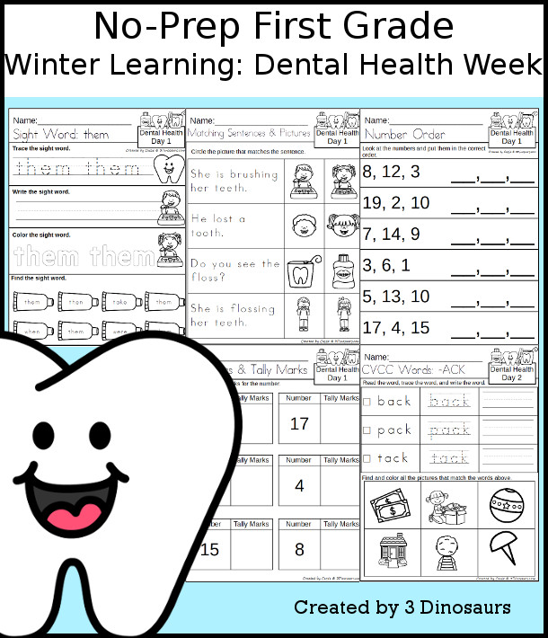 No-Prep Dental Health Weekly Packs for First Grade with 5 days of activities to do to learn with a spring Dental Health theme. - 3Dinosaurs.com