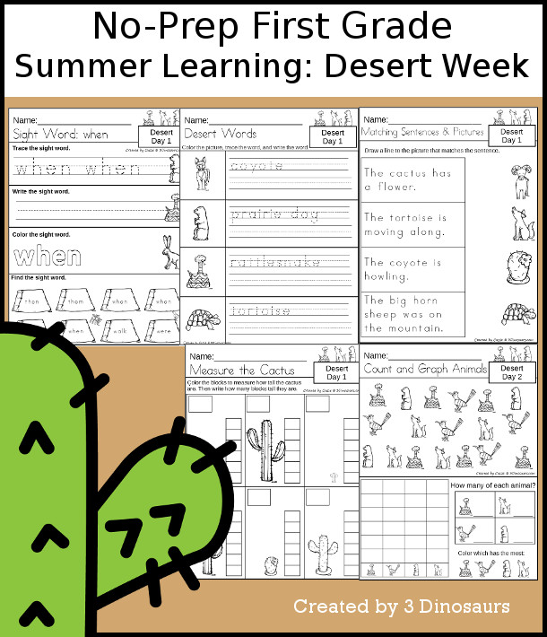 No-Prep Desert Themed Weekly Packs for First Grade with 5 days of activities to do to learn with a summer Desert theme. - 3Dinosaurs.com