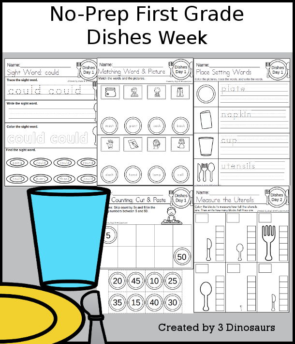 No-Prep Dishes Weekly Packs for First Grade with 5 days of activities to do to learn with a winter Dishes theme. - 3Dinosaurs.com