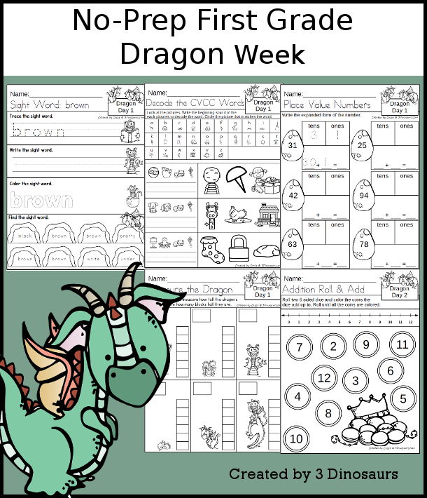 No-Prep Dragon Weekly Packs for First Grade with 5 days of activities to do to learn with a spring Dragon theme. - 3Dinosaurs.com