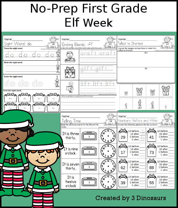 No-Prep Elf Weekly Packs for First Grade with 5 days of activities to do to learn with a Winter Elf theme. - 3Dinosaurs.com