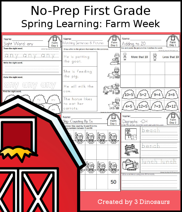 No-Prep Farm Themed Weekly Packs for First Grade with 5 days of activities to do to learn with a spring Farm theme. - 3Dinosaurs.com