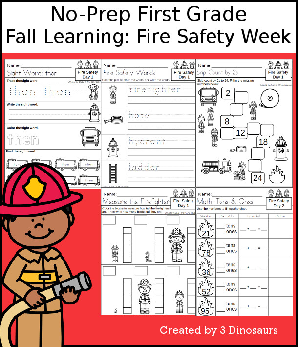 No-Prep Fire Safety Themed Weekly Packs for First Grade with 5 days of activities to do to learn with a fall Fire Safety theme. - 3Dinosaurs.com