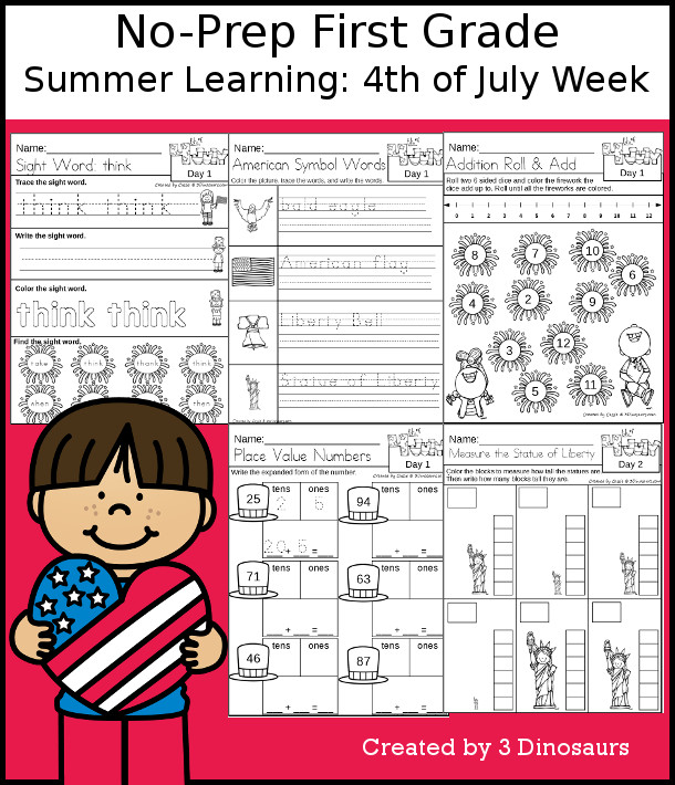 No-Prep Fourth of July Themed Weekly Packs for First Grade with 5 days of activities to do to learn with a summer Fourth of July theme. - 3Dinosaurs.com