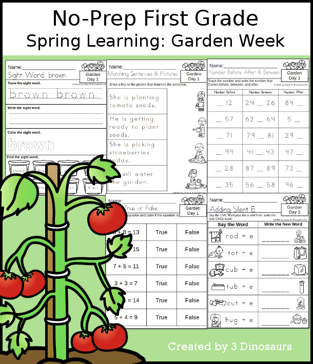 No-Prep Garden Themed Weekly Packs for First Grade with 5 days of activities to do to learn with a spring Garden theme. - 3Dinosaurs.com