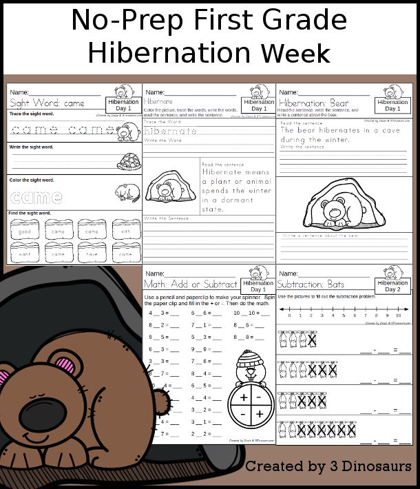 No-Prep Hibernation Weekly Packs for First Grade with 5 days of activities to do to learn with a winter Hibernation theme. - 3Dinosaurs.com