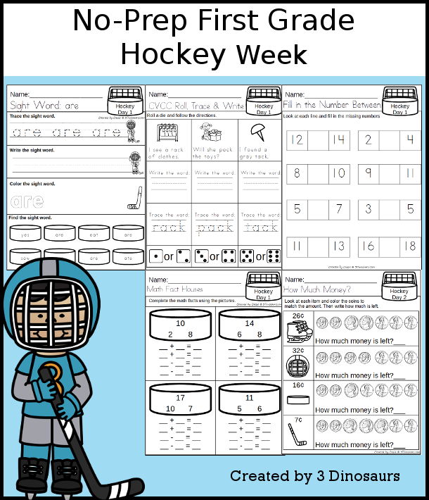 No-Prep Hockey Weekly Packs for First Grade with 5 days of activities to do to learn with a winter Hockey theme. - 3Dinosaurs.com