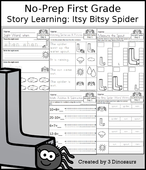 No-Prep Itsy Bitsy Spider Themed Weekly Packs for First Grade with 5 days of activities to do to learn with a story theme for Itsy Bitsy Spider theme. - 3Dinosaurs.com