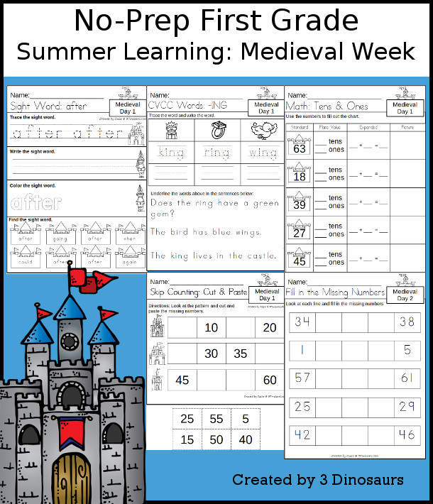 No-Prep Medieval Weekly Packs for First Grade with 5 days of activities to do to learn with a summer Medieval theme. - 3Dinosaurs.com