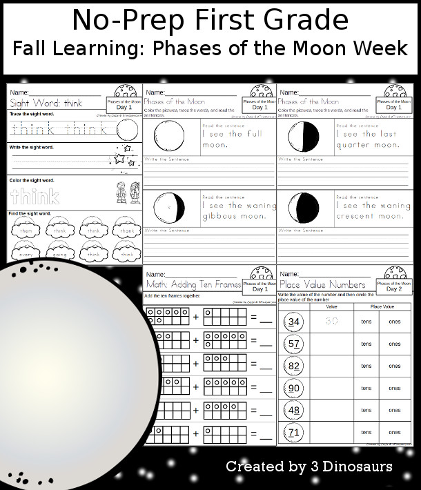 No-Prep Phases of the Moon Weekly Packs for First Grade with 5 days of activities to do to learn with a fall Phases of the Moon theme. - 3Dinosaurs.com