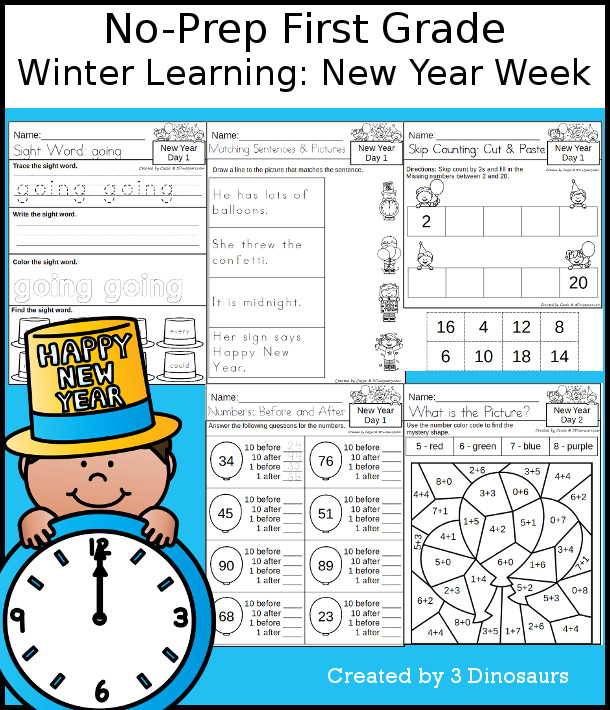 No-Prep New Year Themed Weekly Packs for First Grade with 5 days of activities to do to learn with a winter New Year theme. - 3Dinosaurs.com