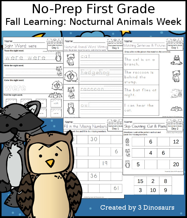 No-Prep Nocturnal Animals Weekly Packs for First Grade with 5 days of activities to do to learn with a fall Nocturnal Animals theme. - 3Dinosaurs.com