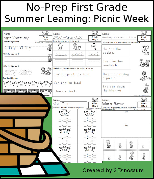 No-Prep Picnic Weekly Packs for First Grade with 5 days of activities to do to learn with a summer Picnic theme. - 3Dinosaurs.com