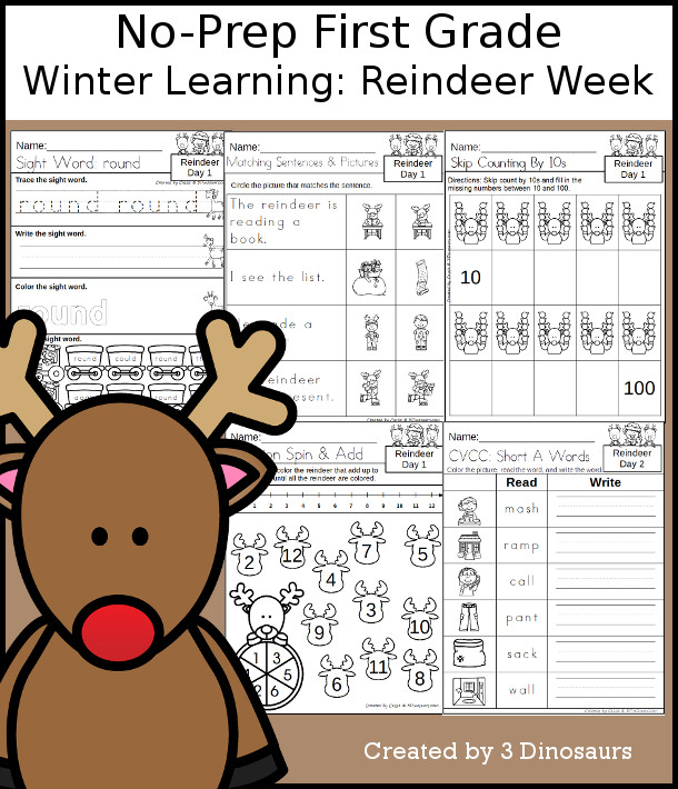 No-Prep Reindeer Themed Weekly Packs for First Grade with 5 days of activities to do to learn with a winter Reindeer theme. - 3Dinosaurs.com