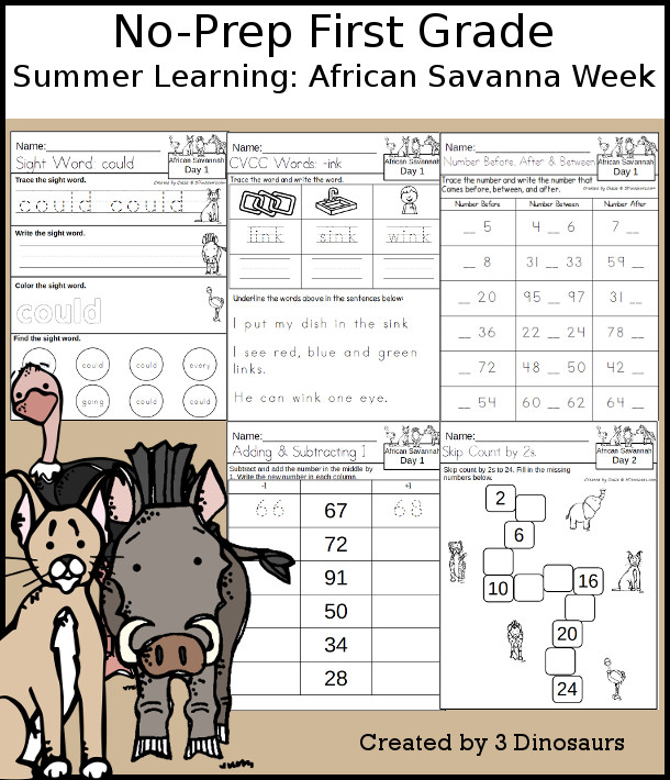 No-Prep African Savanna Weekly Packs for First Grade with 5 days of activities to do to learn with an African Savanna theme. - 3Dinosaurs.com