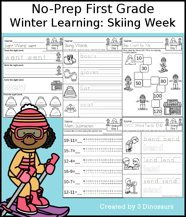 No-Prep Skiing Weekly Packs for First Grade with 5 days of activities to do to learn with a winter Skiing theme. - 3Dinosaurs.com