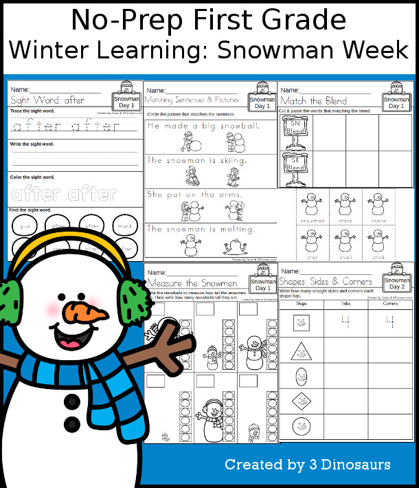 No-Prep Snowman Themed Weekly Packs for First Grade with 5 days of activities to do to learn with a wintertime Snowman theme. - 3Dinosaurs.com