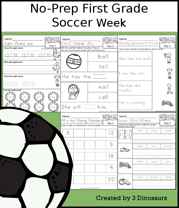 No-Prep Soccer Weekly Packs for First Grade with 5 days of activities to do to learn with a spring Soccer theme. - 3Dinosaurs.com