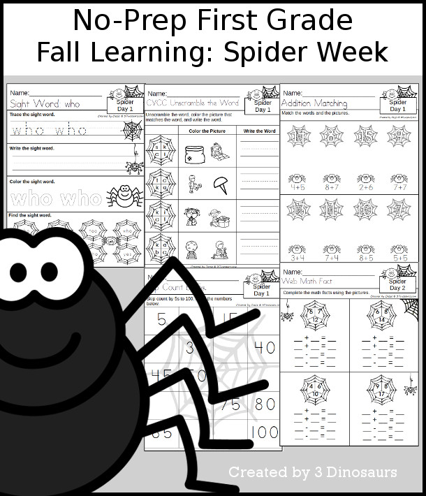 No-Prep Spider Weekly Packs for First Grade with 5 days of activities to do to learn with a fall Spider theme. - 3Dinosaurs.com