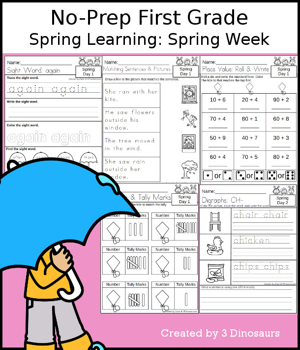 No-Prep Spring Themed Weekly Packs for First Grade with 5 days of activities to do to learn with a winter Spring theme. - 3Dinosaurs.com