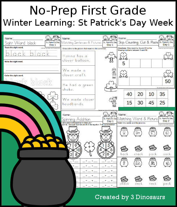 No-Prep St. Patrick's Day Themed Weekly Packs for First Grade with 5 days of activities to do to learn with a winter St. Patrick's Day theme. - 3Dinosaurs.com