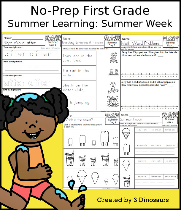 No-Prep Summer Themed Weekly Packs for First Grade with 5 days of activities to do to learn with a summer theme. - 3Dinosaurs.com