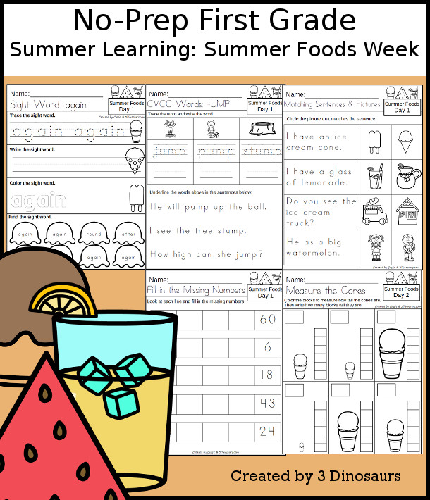 No-Prep Summer Foods Weekly Packs for First Grade with 5 days of activities to do to learn with a spring Summer Foods theme. - 3Dinosaurs.com