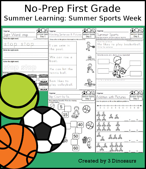 No-Prep Summer Sports Themed Weekly Packs for First Grade with 5 days of activities to do to learn with a Summer Sports theme. - 3Dinosaurs.com