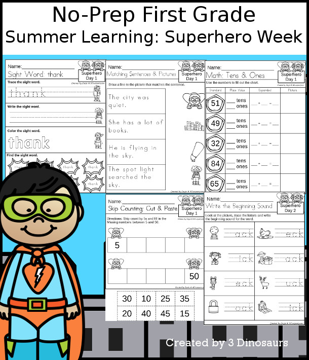 No-Prep Superhero Themed Weekly Packs for First Grade with 5 days of activities to do to learn with a summer Superhero theme. - 3Dinosaurs.com