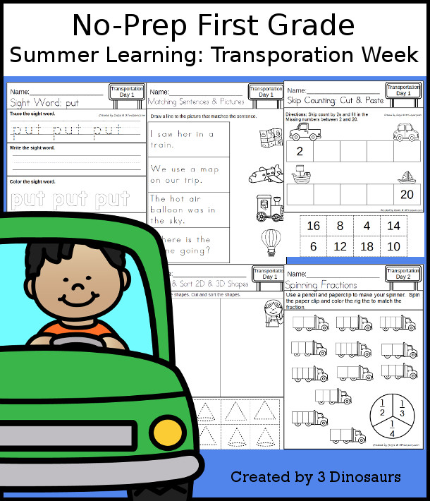 No-Prep Transportation Themed Weekly Packs for First Grade with 5 days of activities to do to learn with a summer Transportation theme. - 3Dinosaurs.com