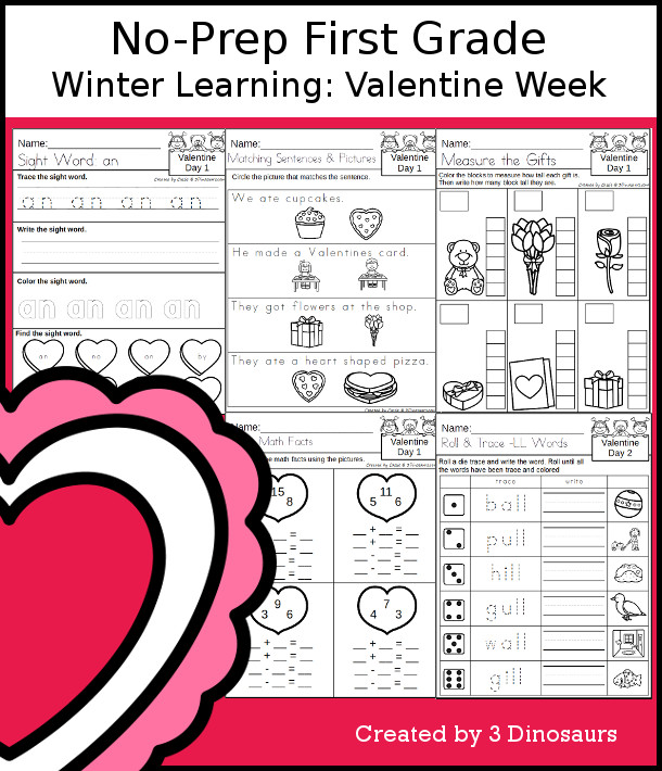 No-Prep Valentine Themed Weekly Packs for First Grade with 5 days of activities to do to learn with a winter Valentine's Day theme. - 3Dinosaurs.com