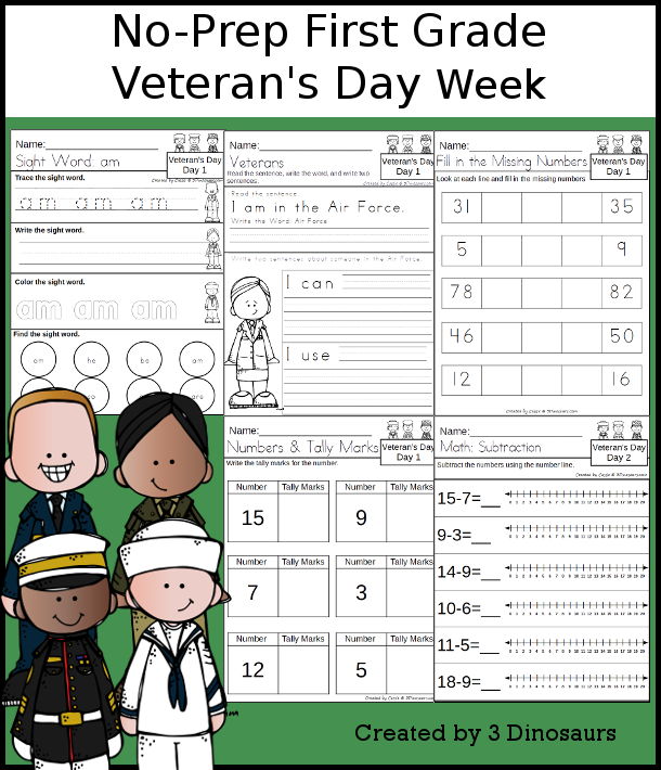 No-Prep Veteran's Day Weekly Packs for First Grade with 5 days of activities to do to learn with a fall Veteran's Day theme. - 3Dinosaurs.com