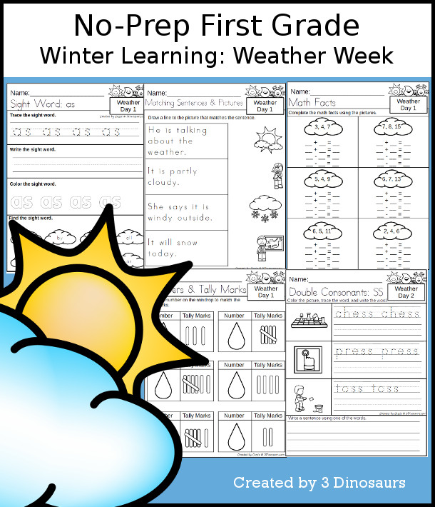 No-Prep Weather Themed Weekly Packs for First Grade with 5 days of activities to do to learn with a Weather theme. - 3Dinosaurs.com