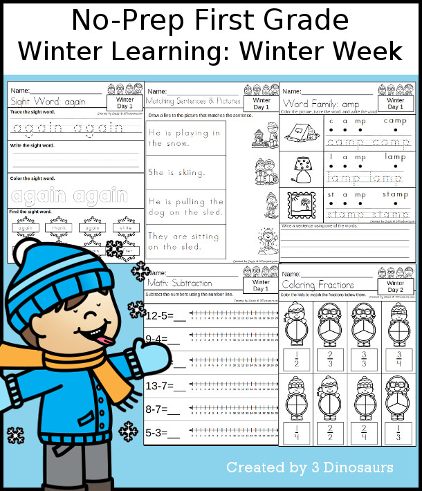 No-Prep Winter Themed Weekly Packs for First Grade with 5 days of activities to do to learn with a winter theme. - 3Dinosaurs.com