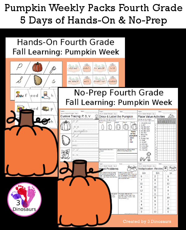 No-Prep & Hands-On Pumpkin Themed Weekly Packs for Fourth Grade with 5 days of activities to do to learn with a fall pumpkin theme - 3Dinosaurs.com