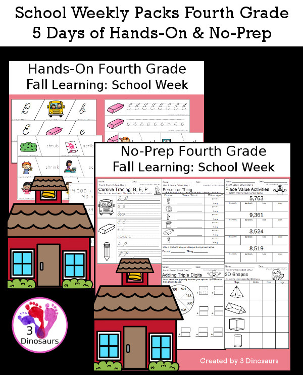 No-Prep & Hands-On School Themed Weekly Packs for Fourth Grade with 5 days of activities to do to learn with a school theme - 3Dinosaurs.com