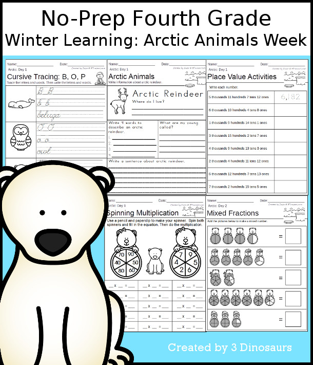 No-Prep Arctic Animals Themed Weekly Packs for Fourth Grade with 5 days of activities to do to learn with a winter Arctic Animals Themes - 3Dinosaurs.com