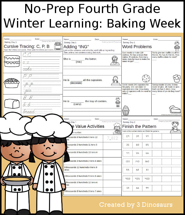 No-Prep Baking Weekly Packs for Fourth Grade with 5 days of activities to do to learn with a winter Baking - 3Dinosaurs.com