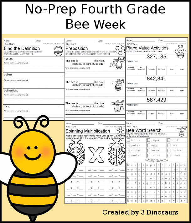 No-Prep Bee Weekly Packs for Fourth Grade with 5 days of activities to do to learn with a spring Bee - with math and language activities for fourth grade kids  - 3Dinosaurs.com