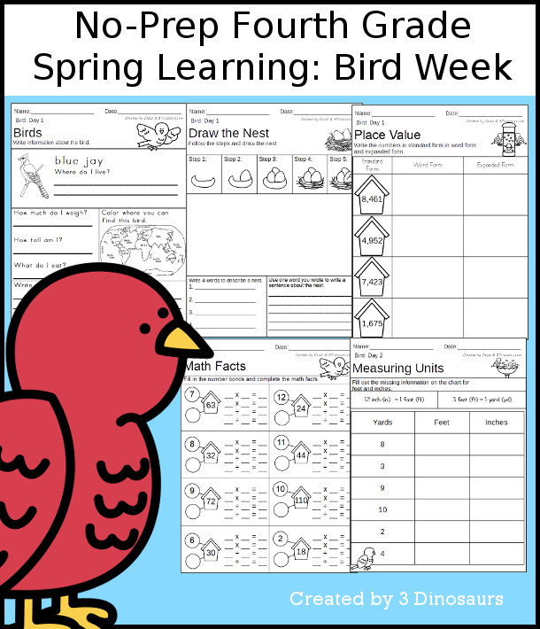 No-Prep Bird Themed Weekly Packs for Fourth Grade with 5 days of activities to do to learn with a bird theme for spring -  - 3Dinosaurs.com