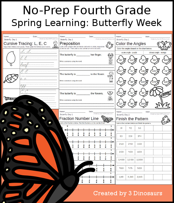 No-Prep Butterfly Themed Weekly Packs for Fourth Grade with 5 days of activities to do to learn with a spring Butterfly-  - 3Dinosaurs.com
