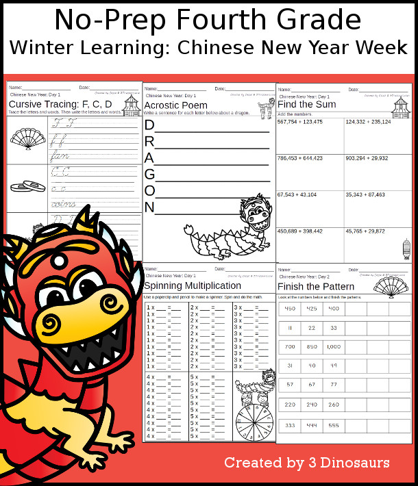 No-Prep Chinese New Year Themed Weekly Packs for Fourth Grade with 5 days of activities to do to learn with a winter Chinese New Year-  - 3Dinosaurs.com