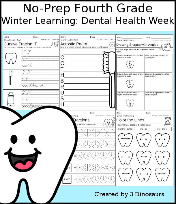 No-Prep Dental Health Weekly Packs for Fourth Grade with 5 days of activities to do to learn with a winter Dental Health-  - 3Dinosaurs.com