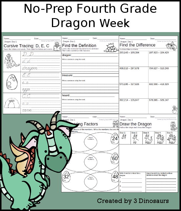 No-Prep Dragon Weekly Packs for Fourth Grade with 5 days of activities to do to learn with a spring Dragon-  - 3Dinosaurs.com