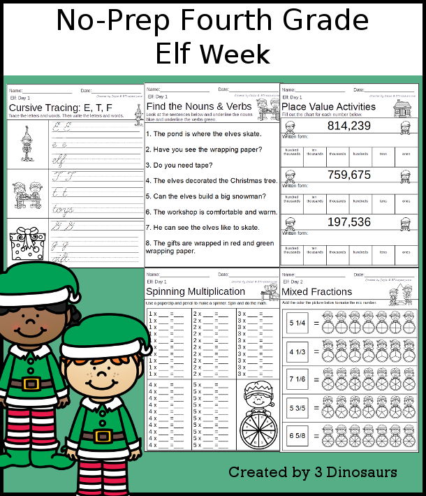 No-Prep Elf Weekly Packs for Fourth Grade with 5 days of activities to do to learn with a Winter Elf-  - 3Dinosaurs.com