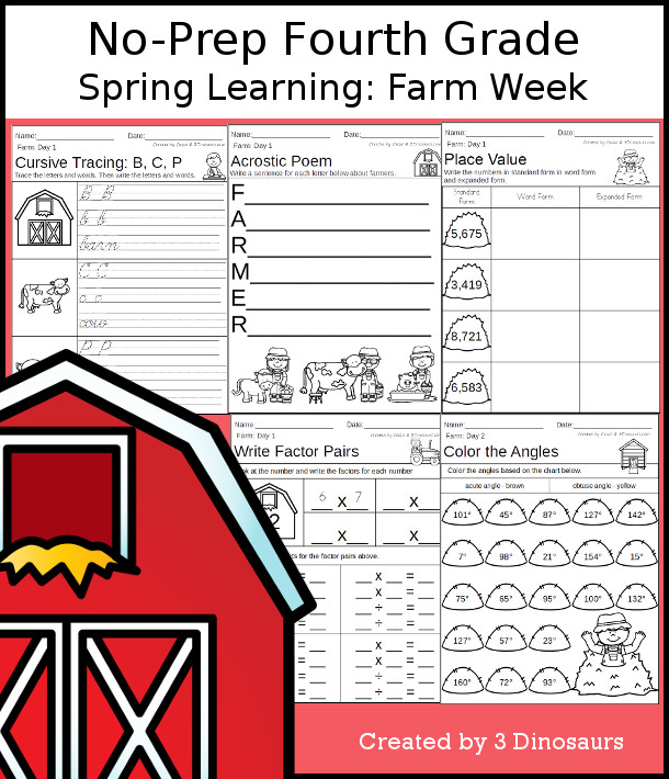 No-Prep Farm Themed Weekly Packs for Fourth Grade with 5 days of activities to do to learn with a spring Farm-  - 3Dinosaurs.com